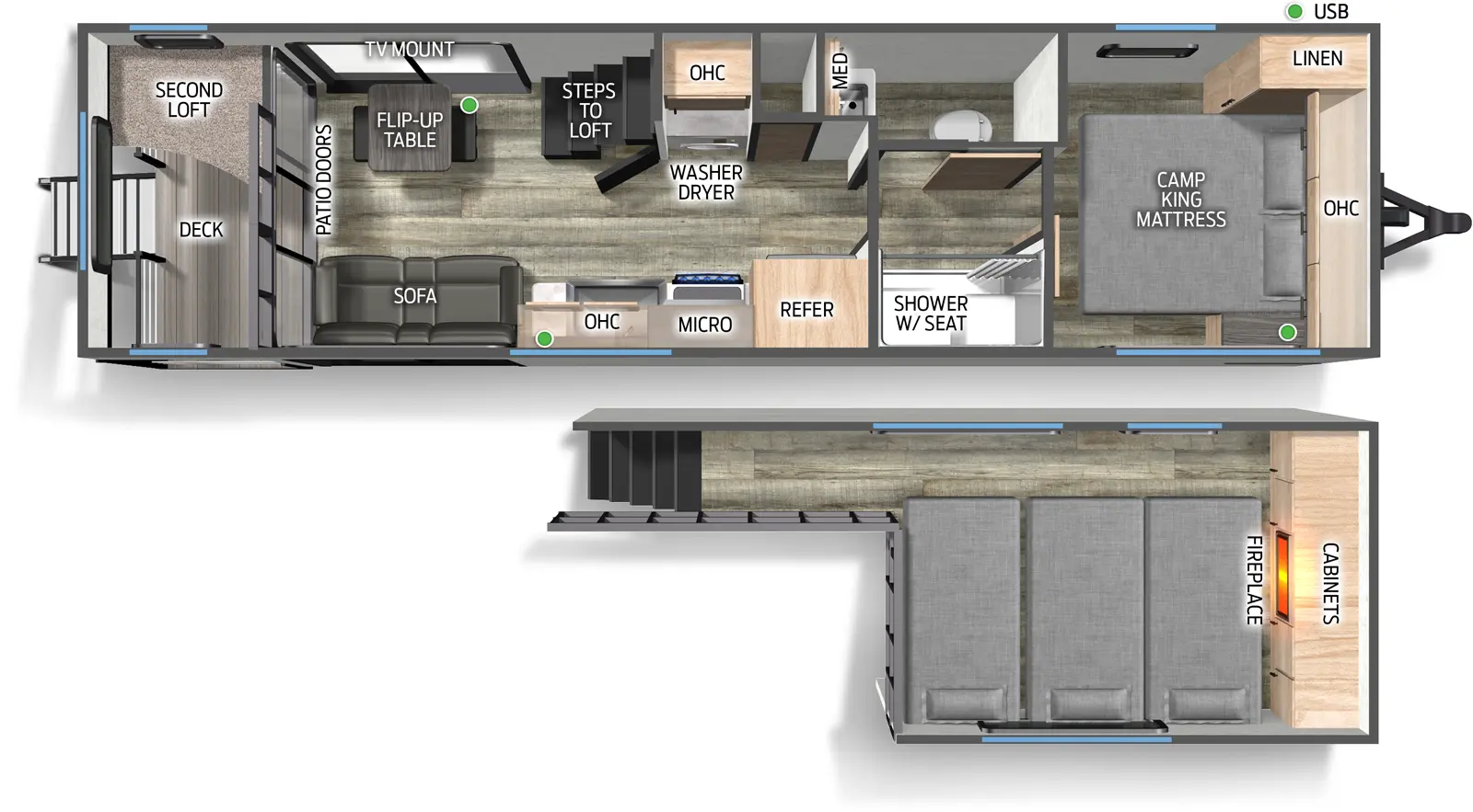 The Campsite Reserve 20JW floorplan has one entry and zero slide outs. Exterior features include: metal exterior. Interiors features include: loft, front bedroom, rear living and pass through bathroom.